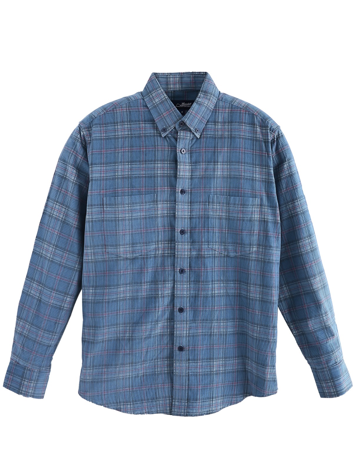 Men plaid casual blue cotton shirt